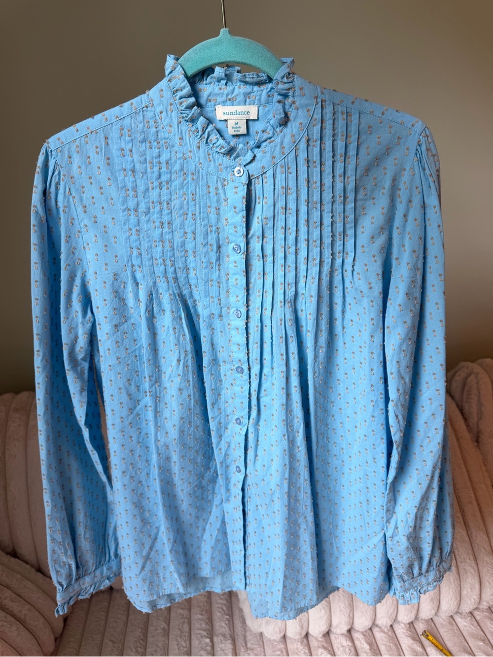 Sundance Light Blue Button Down Top with Gray Dot Embroidery and Ruffles